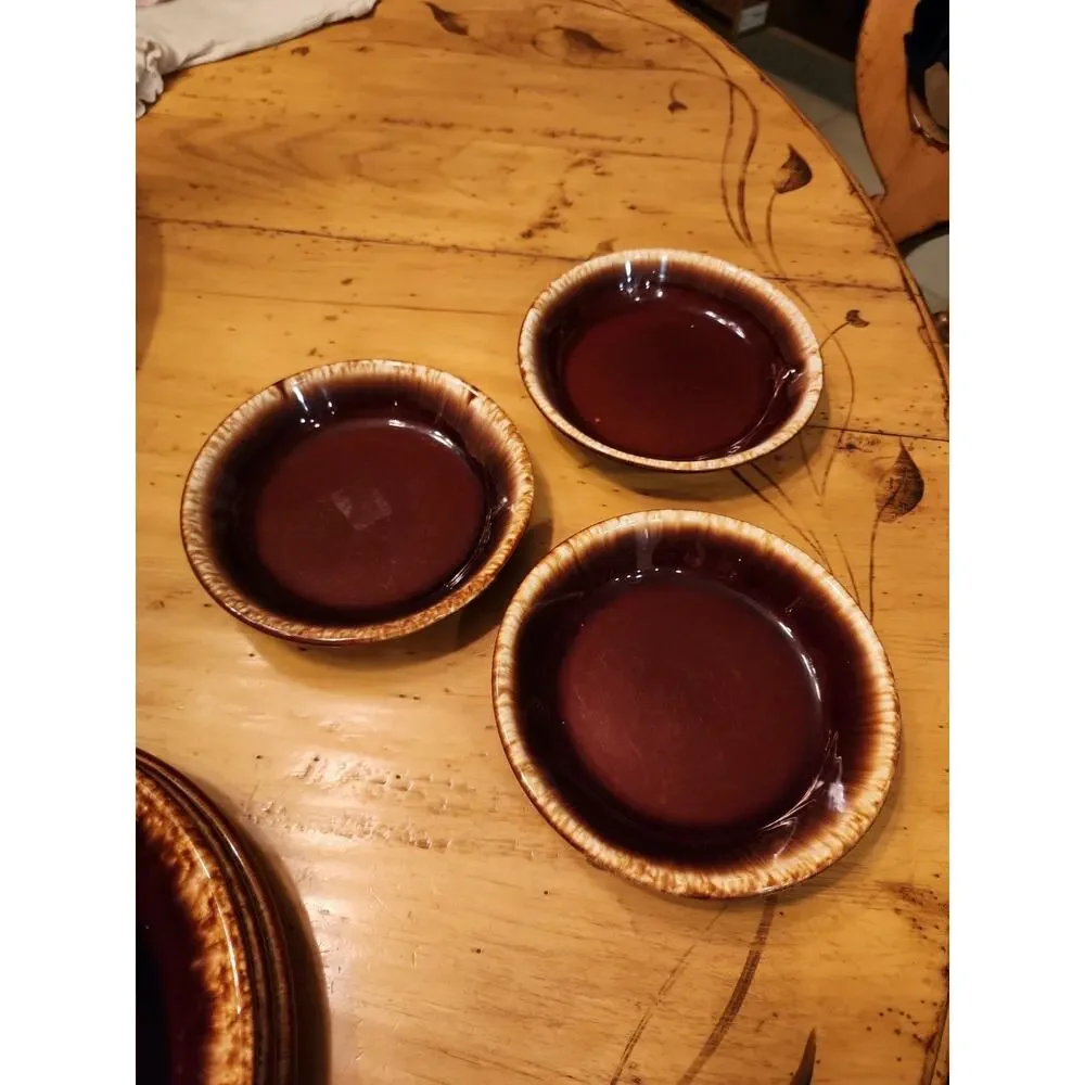 McCoy Pottery Made in USA Brown Drip 3 Dinner Plates, 3 Salad, 3 Dessert Bowls